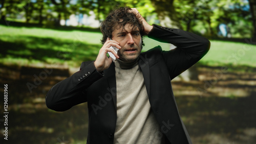 Fotografie Young man talking on phone outdoors in park setting, appearing worried with hand on head, wearing dark blazer and light sweater with trees in the background