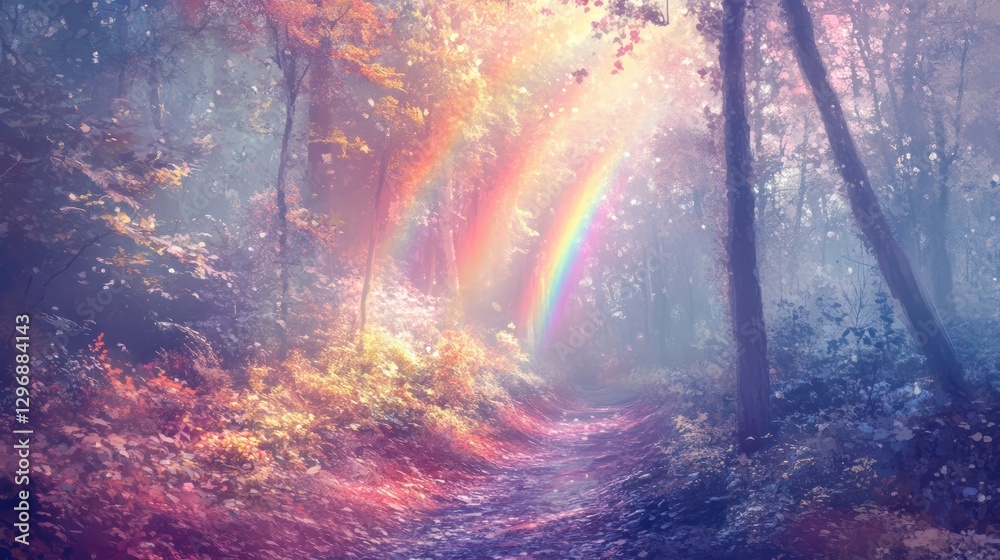 A forest path is illuminated by two vibrant and colorful rainbows