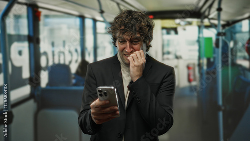 Wallpaper Mural Young man indoors biting nails looking at smartphone in bus showing nervous expression captured against blurred urban backdrop Torontodigital.ca