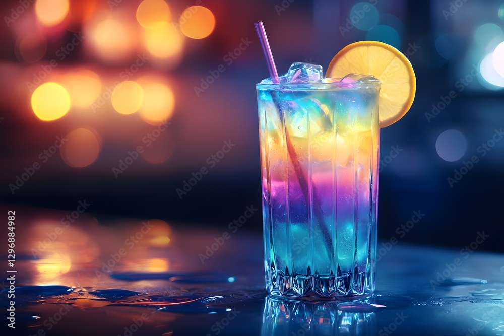 Vibrant Layered Rainbow Cocktail Drink on Bar Nightclub Setting Vibrant Layered Rainbow Cocktail Drink on Bar Nightclub Setting