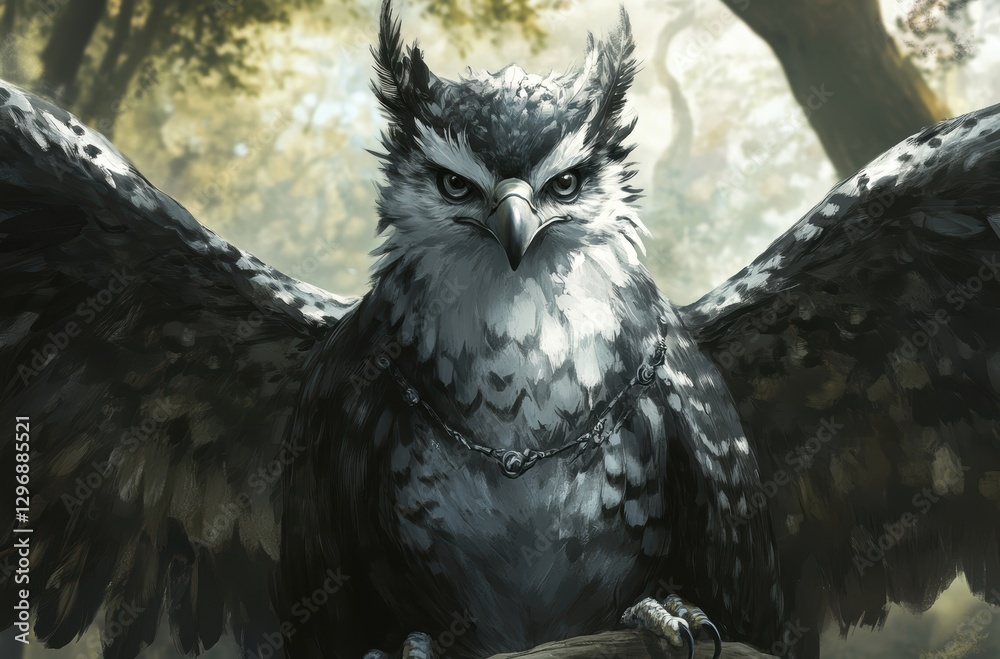 Fototapeta premium Majestic Owl with Outstretched Wings in a Mystical Forest Setting Captured in Stunning Detail and Vivid Colors