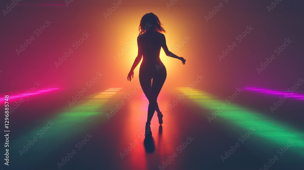 A Silhouetted Woman Walking On A Luminous Colorful Path A Silhouetted Woman Walking On A Luminous Colorful Path