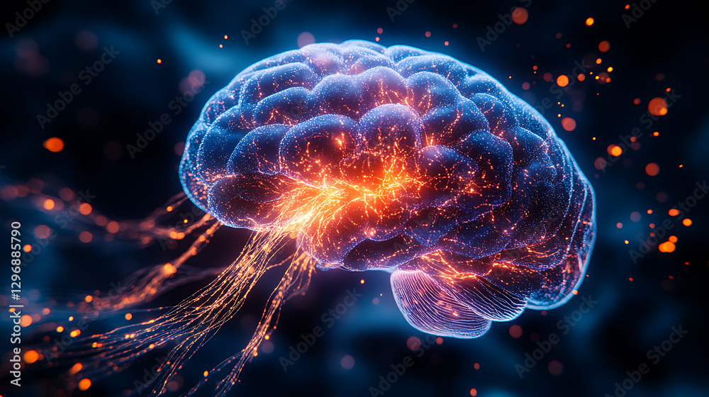 close up of human brain, neurons firing, neural extensions, cognitive learning plasticity. illustration AI generative. close up of human brain, neurons firing, neural extensions, cognitive learning plasticity. illustration AI generative.