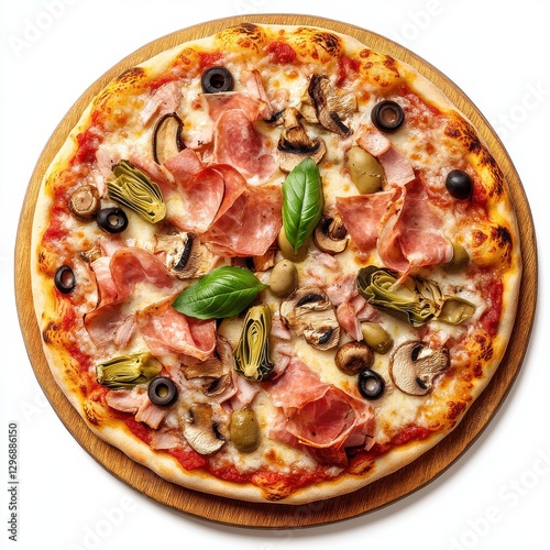 Vibrant 8K topdown view of Pizza Capricciosa