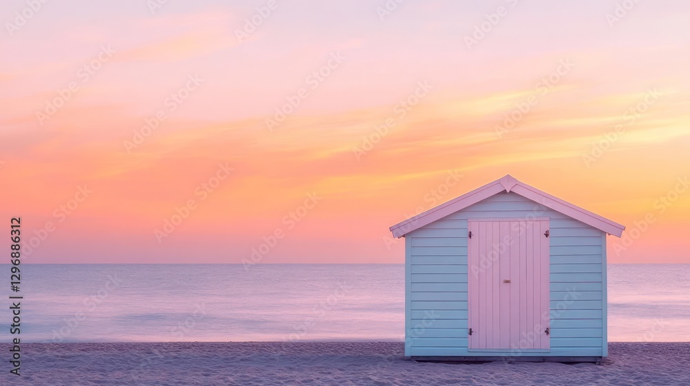 A small colorful beach hut faces the tranquil ocean at sunset A small colorful beach hut faces the tranquil ocean at sunset