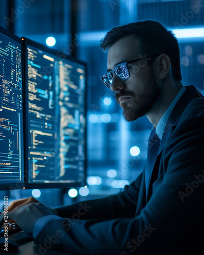 Cybersecurity analyst working on multiple monitors in a dark office with blue lighting.