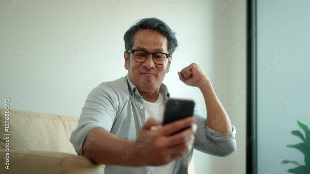 Excited asian senior middle aged man using smartphone and joying surprised winner with hand yes gesture while sitting in living room at home, elderly man using web application technology online.
Excited asian senior middle aged man using smartphone and joying surprised winner with hand yes gesture while sitting in living room at home, elderly man using web application technology online.