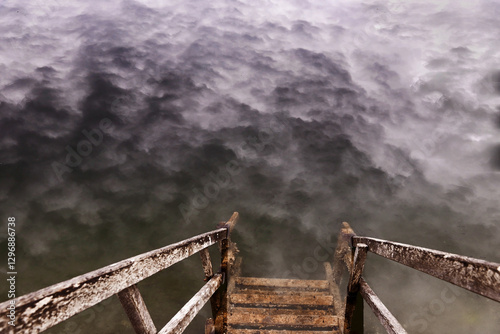 Eine Treppe in einen See mit der Spieglung von unheimlichen Wolken