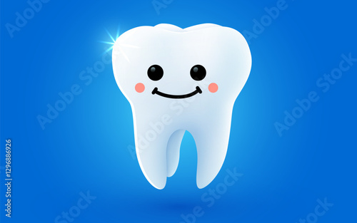 Tooth with happy cartoon face isolated on blue background. Dentistry concept.