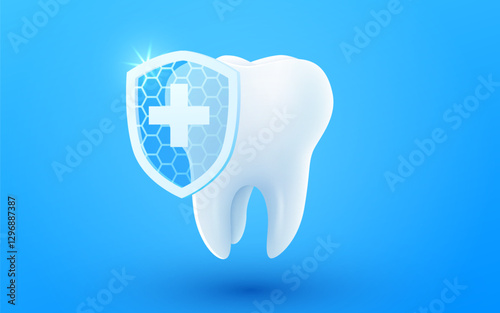 3d realistic vector healthy glowing tooth. Shield around white tooth. Dental care, protection and whitening.