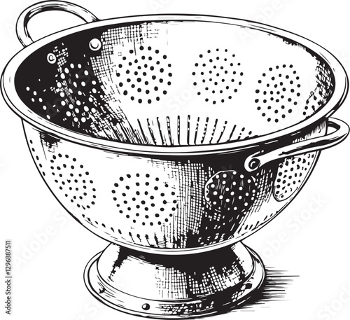 Colander for Kitchen Black and White Vector Illustration, Sketch Drawing Line Linear Engraving, Isolated