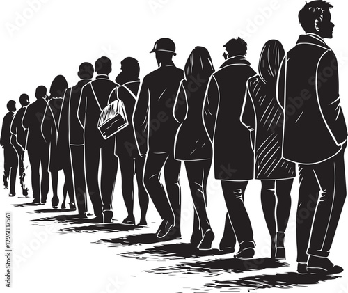 Line of People or Queue Black and White Vector Illustration, Sketch Drawing Line Linear Engraving, Isolated
