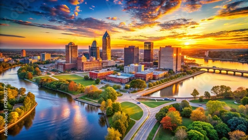 Toledo Ohio Skyline Aerial Drone Riverfront Cityscape Panorama