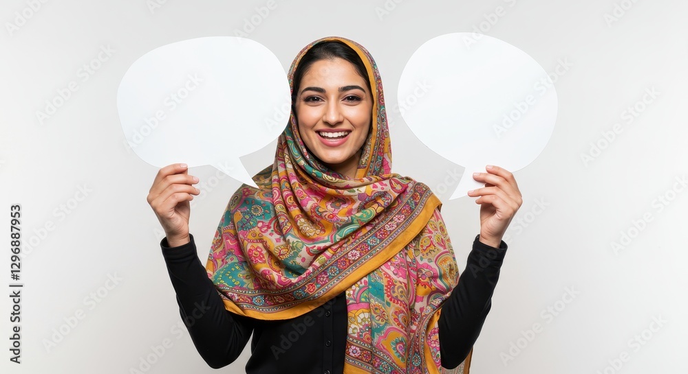 Fototapeta premium Smiling Woman in Hijab Holding Speech Bubbles