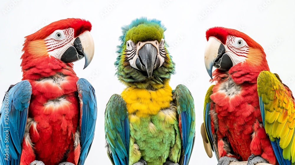 Fototapeta premium Three macaws posing, studio shot, white background, pet bird photography