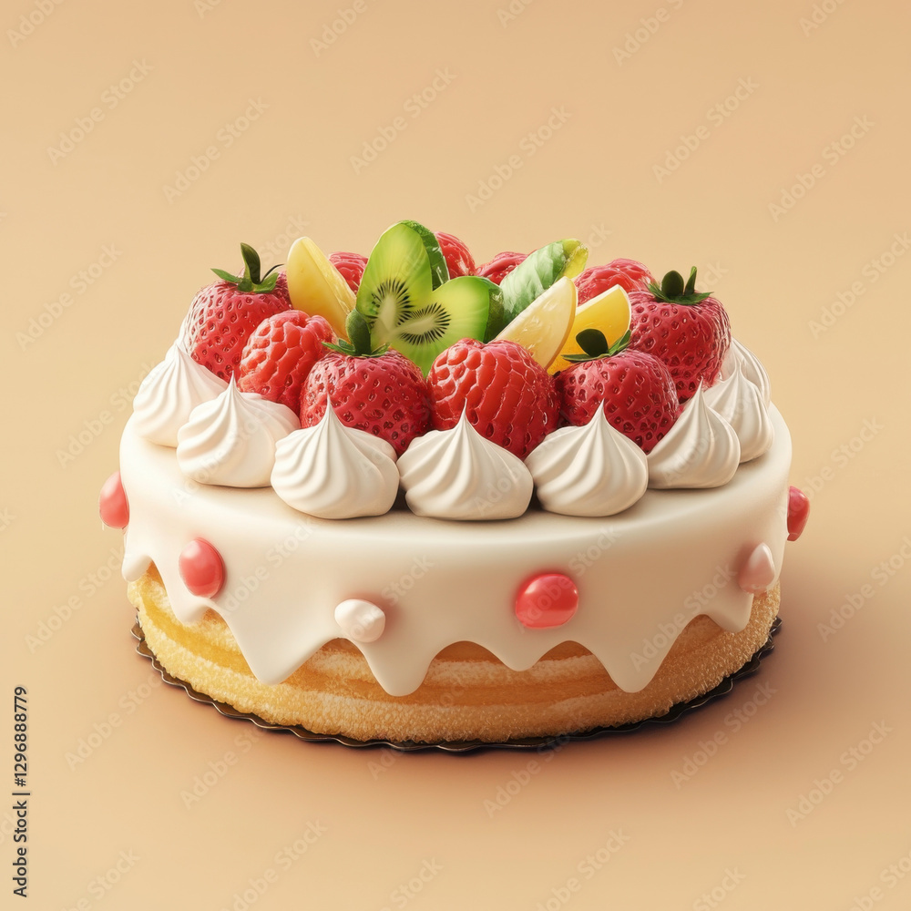 Delicious cake topped with fresh strawberries, kiwi, and cream Delicious cake topped with fresh strawberries, kiwi, and cream