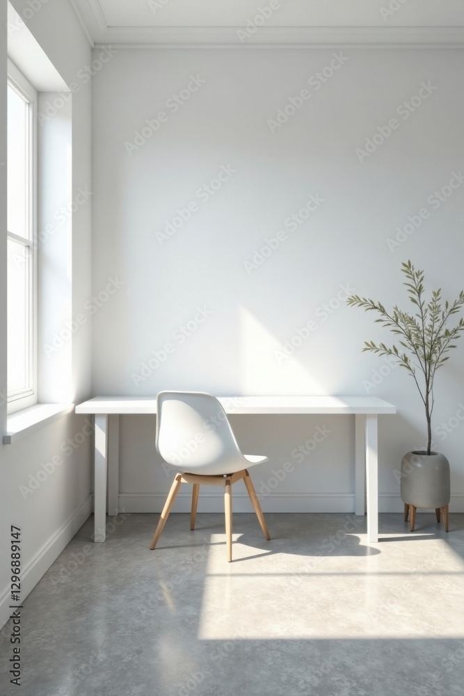 Fototapeta premium Minimalist Home Office Workspace with White Desk and Chair, Sunlight Streaming Through Window, and Simple Plant Decor