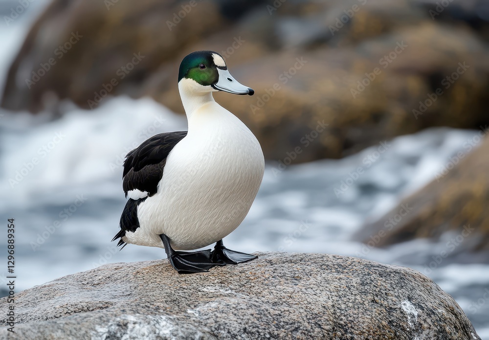 Fototapeta premium Elegant Eurasian Wigeon Duck Standing on a Rocky Shoreline with Ocean Waves in the Background Captured in a Serene Coastal Scene