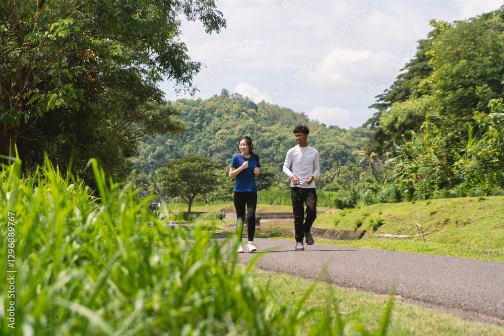 active asian young couple jogging and running exercise at rural area active asian young couple jogging and running exercise at rural area