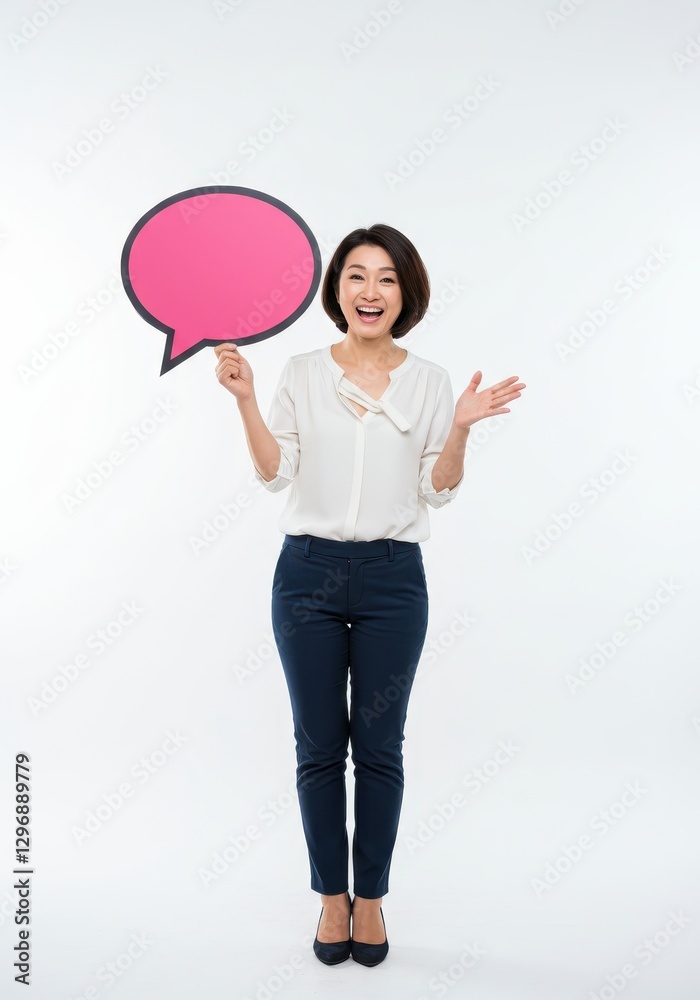 Happy Woman Holding a Pink Speech Bubble, Studio Shot Happy Woman Holding a Pink Speech Bubble, Studio Shot