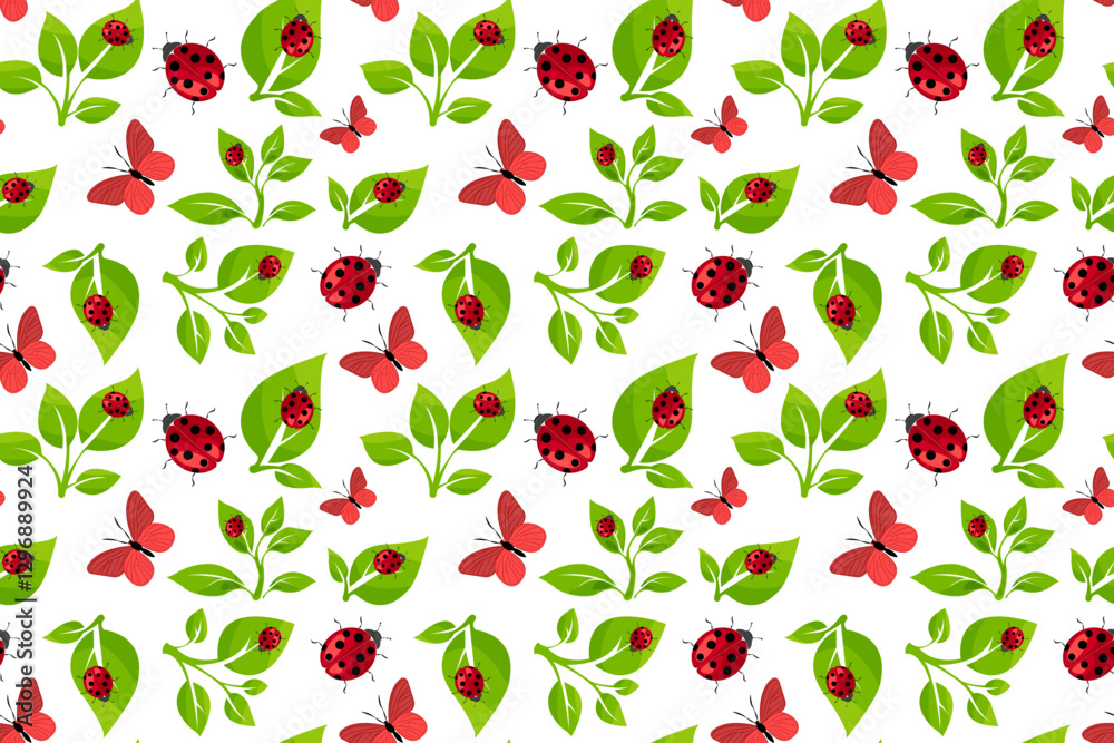 Colorful seamless pattern featuring ladybugs and butterflies among green leaves suitable for various creative projects