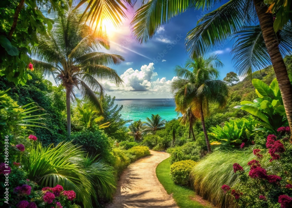 Fototapeta premium Tropical Garden Path, Anse Vata Bay, Noumea, New Caledonia: Double Exposure Photography