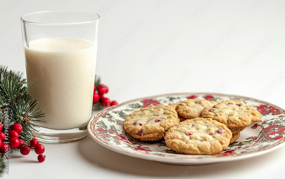 Christmas Eve Milk and Cookies on a Decorative Plate Isolated On White background. Christmas Eve Milk and Cookies on a Decorative Plate Isolated On White background.