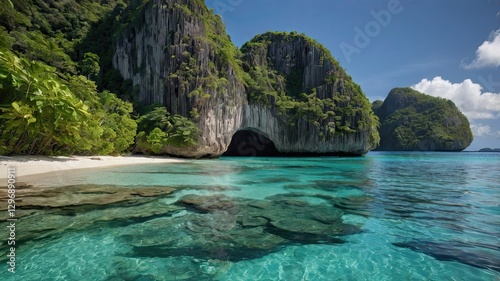 Paradise Coast: A tropical beach paradise with turquoise water and lush, green cliffs under a blue sky, inviting relaxation.