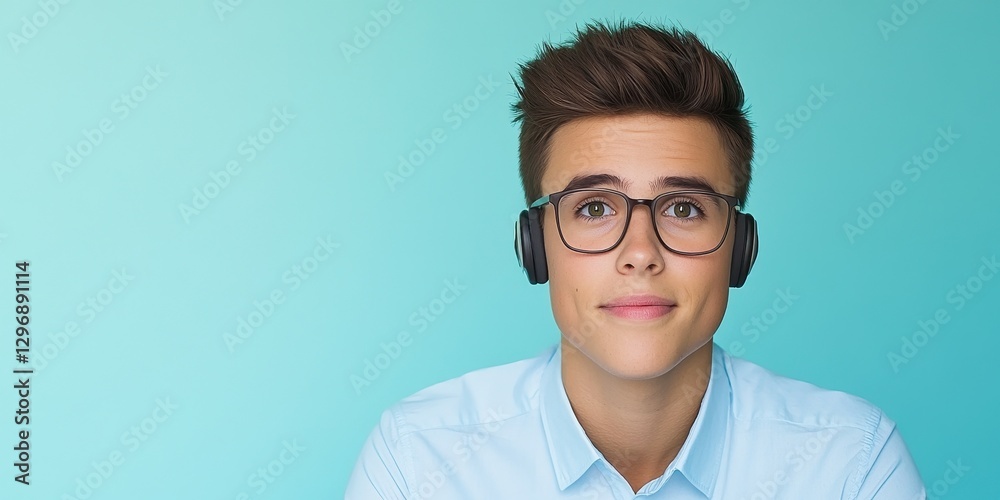 A young man sits calmly in a light blue space, wearing glasses and headphones. He shows a focused expression, indicating interest in his activity or device A young man sits calmly in a light blue space, wearing glasses and headphones. He shows a focused expression, indicating interest in his activity or device