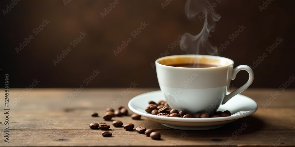 Aromatic Coffee Steam Rising from a White Cup on Rustic Wooden Surface Aromatic Coffee Steam Rising from a White Cup on Rustic Wooden Surface