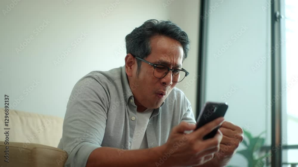 Stressed asian senior middle aged man feeling disappointed after reading bad news financial trouble using smartphone while sitting in living room at home, elderly man using web application technology. Stressed asian senior middle aged man feeling disappointed after reading bad news financial trouble using smartphone while sitting in living room at home, elderly man using web application technology.
