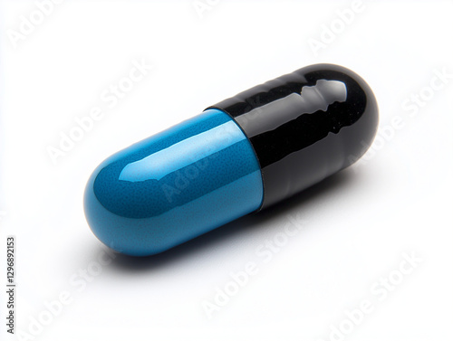 Une gélule noire et bleu sur fond blanc, en perspective, médicament