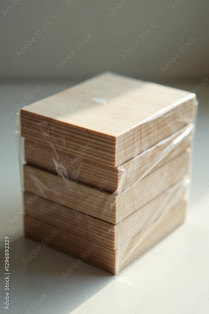 A Stack of Natural Light Wooden Blocks, Wrapped in Protective Film, Ready for a Variety of Craft and Construction Projects A Stack of Natural Light Wooden Blocks, Wrapped in Protective Film, Ready for a Variety of Craft and Construction Projects