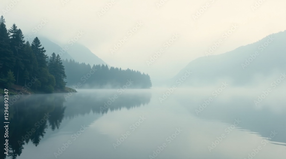 Fototapeta premium Serene Misty Lake Landscape with Reflections of Trees and Mountains in the Still Water