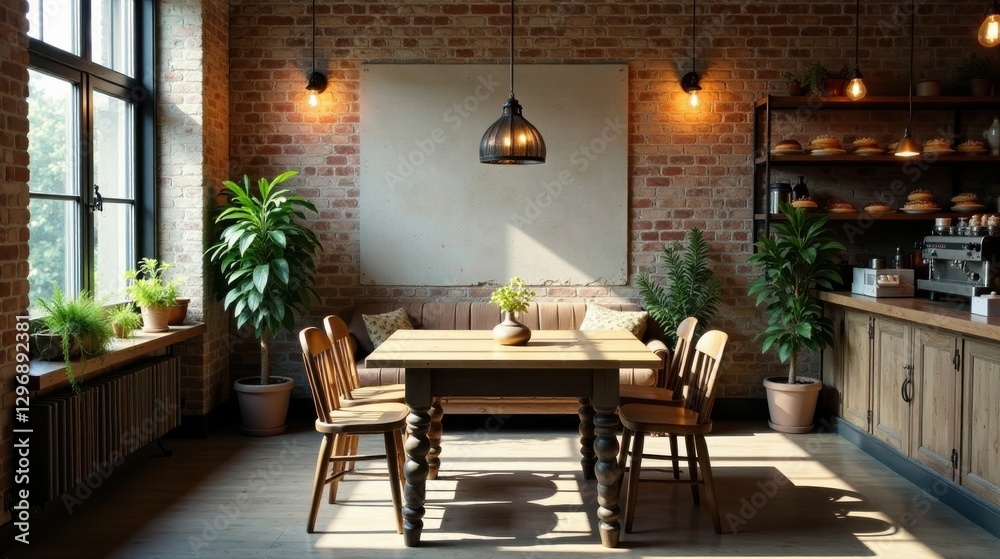 Obraz premium Sunlit Rustic Interior with Wooden Table and Chairs, Brick Walls, and Potted Plants