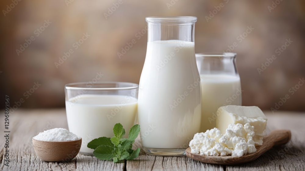 Rustic Dairy Display. Milk in Glass and Jug with Cream, Cheese, Powder, and Herbs on Wooden Table Rustic Dairy Display. Milk in Glass and Jug with Cream, Cheese, Powder, and Herbs on Wooden Table