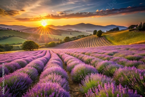 Tuscan Lavender Sunrise: Purple Fields & Rolling Hills at Dawn