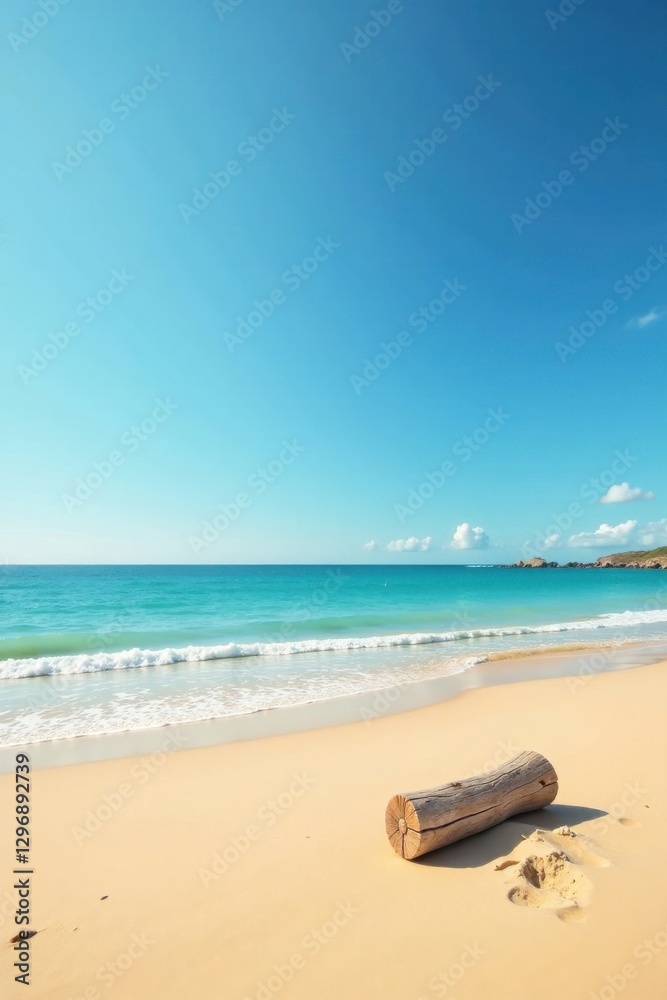 Serene Coastal Scene A Single Weathered Log Rests on Pristine Sandy Beach Under a Vivid Blue Sky Serene Coastal Scene A Single Weathered Log Rests on Pristine Sandy Beach Under a Vivid Blue Sky