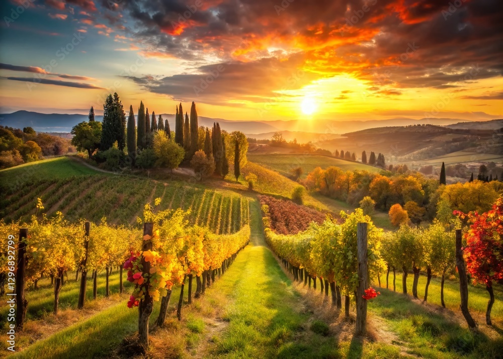 Naklejka premium Tuscan Vineyard Sunset: Rolling Hills of Radda in Chianti, Italy - Bokeh Photography