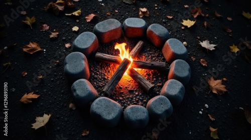Warmth of a crackling fire encircled by autumn leaves and smooth stones, creating a serene autumnal scene.