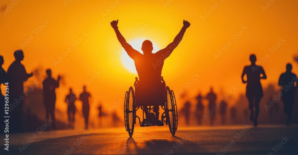 Fototapeta premium Celebrating resilience and determination during a sunset marathon event with runners and wheelchair competitors
