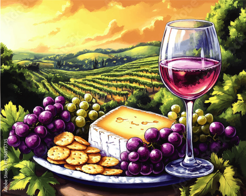 Romantic Vineyard Picnic with Red Wine, Cheese, Grapes, and Crackers at Sunset - Explore Scenic Landscape Views with Vibrant Sunlit Fields and Greenery