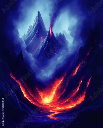 Stunning Vector Image of Volcanic Mountains with Fiery Lava Flow and Billowing Smoke in a Vivid, Dynamic Scene - Perfect for Nature, Fantasy, and Creative Art Projects