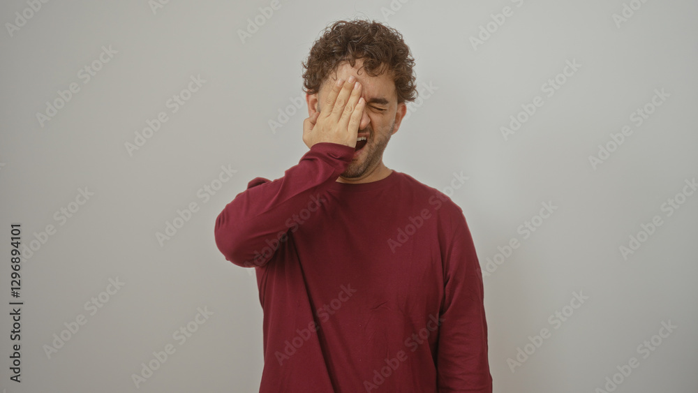 Obraz premium Young hispanic man covering face with hand in a maroon shirt against isolated white background expressing fatigue or boredom.