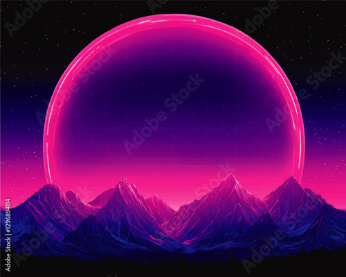 Retro Futuristic Neon Mountain Landscape with Giant Pink Planet under Starry Night Sky - Vibrant 80s Aesthetic Vaporwave Synthwave Vector Art