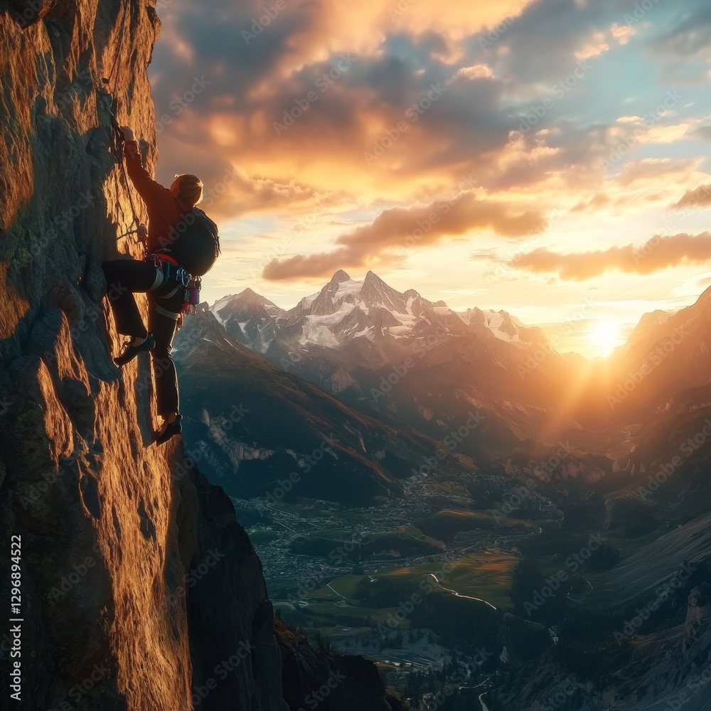 Obraz premium Climbing a challenging rock face against the backdrop of the majestic snow-capped mountains during a brilliant sunrise.