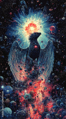 Stunning Cosmic Phoenix Vector Illustration with Explosive Galactic Background Featuring Celestial Wonders, Nebulae, and Galactic Elements in Vibrant Colors