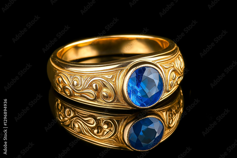luxurious gold ring with blue sapphire isolated on black background. luxurious gold ring with blue sapphire isolated on black background.