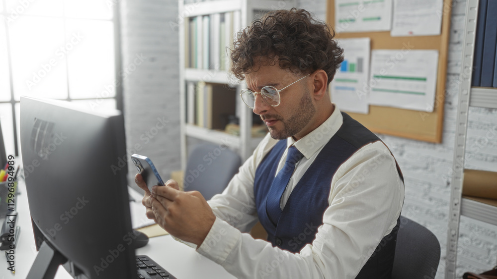Fototapeta premium Young man focuses intently on smartphone screen while working at desk in modern office, surrounded by computer and bookshelves.