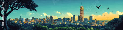 Stunning Vector Artwork of Cityscape at Dawn with Skyscrapers and Lush Trees Framing Vibrant Skyline Beneath a Gradient Sky Featuring Birds in Flight